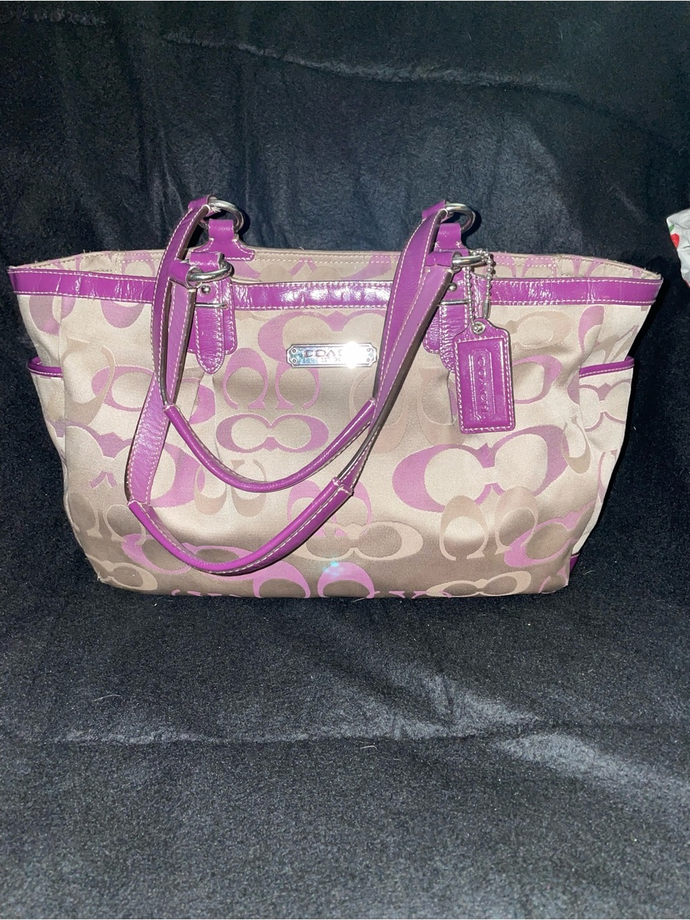 Coach Beige Signature Tote with Purple Trim